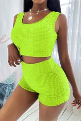 Green Bubble Texture U Neck Top &amp; Shorts Set LC261660-9