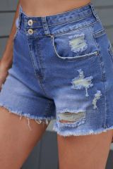Sky Blue Distressed Raw Hem Buttons Denim Shorts with Pockets LC781037-4