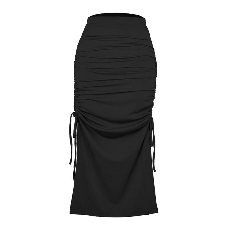 Black Slit Pleated Bodycon Maxi Skirt TQK360035-2