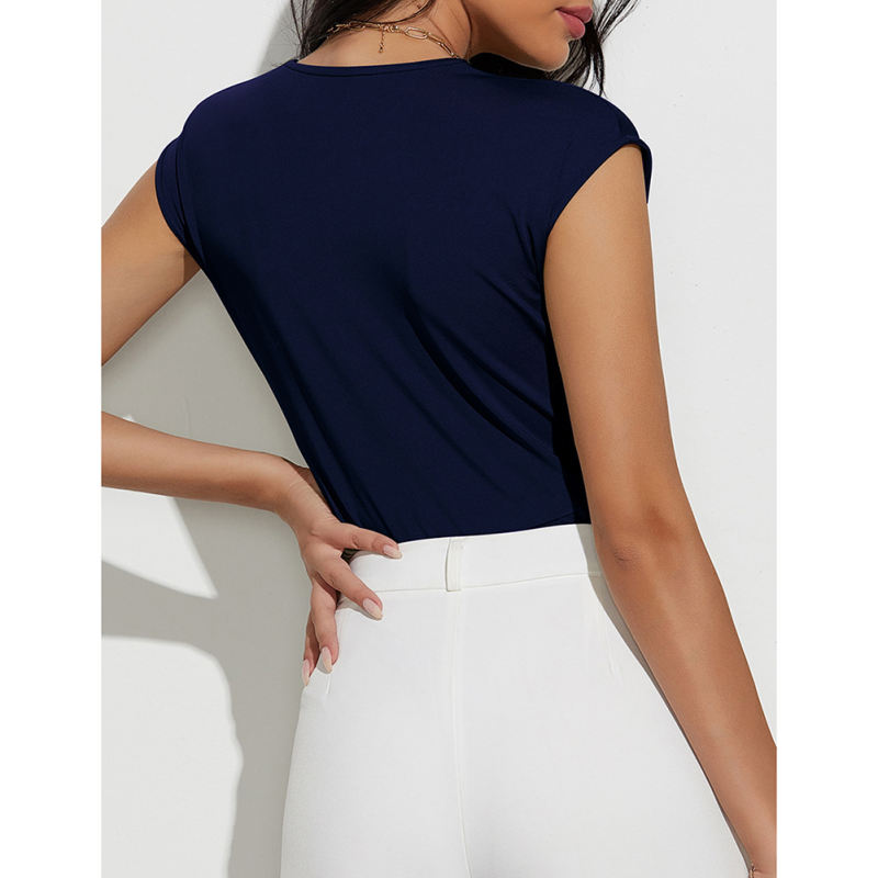 Navy Blue Solid V Neck Sleeveless Bodysuit TQV220175-34