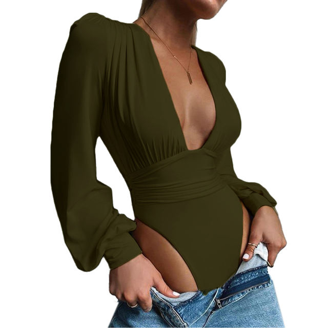 Army Green Deep V Neck Pleated Long Sleeve Bodysuit TQK550214-27