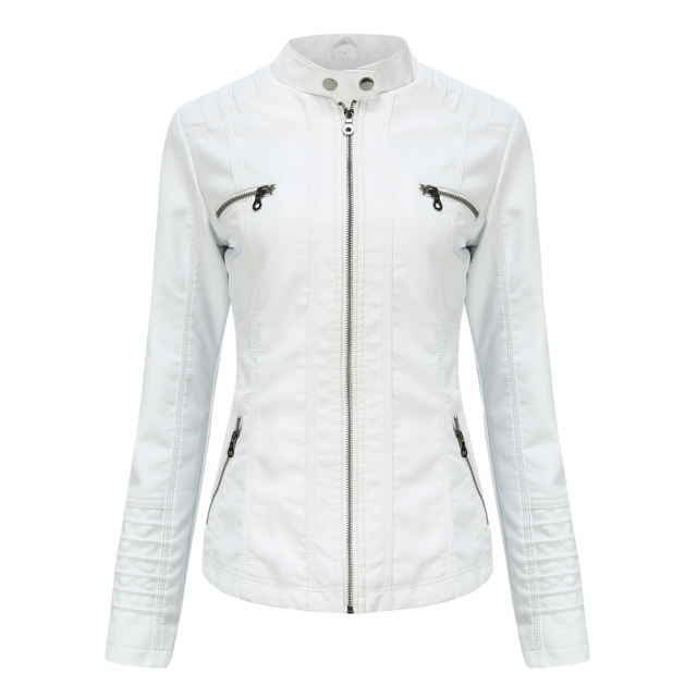 White Removable Hooded Washed PU Leather Jacket TQK280096-1
