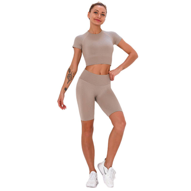 Wood Brown Seamless Short Sleeve Yoga Sports Set TQE00138-213
