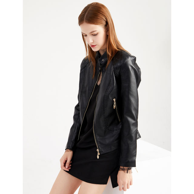 Black Classic Style Stand Collar PU Leather Jacket TQK280092-2