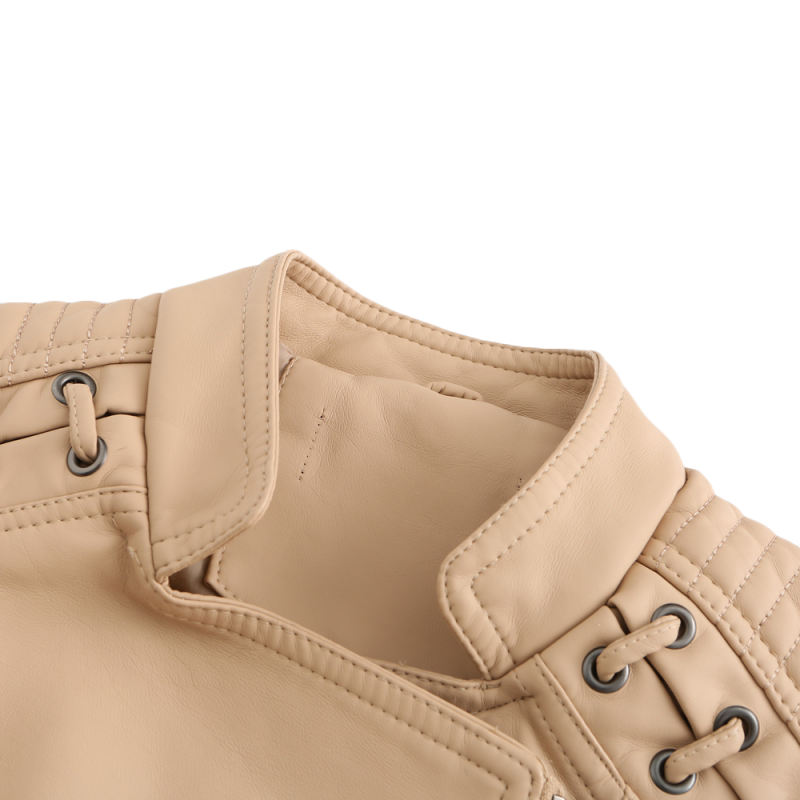 Khaki Zipper Slim Fit Motorcycle PU Leather Jacket TQK280090-21