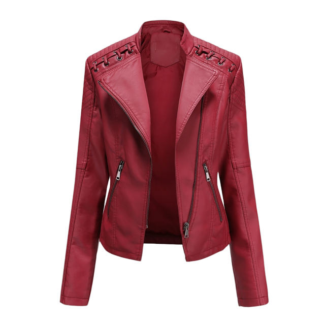 Red Zipper Slim Fit Motorcycle PU Leather Jacket TQK280090-3