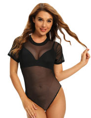 Black Short Sleeve Sheer Mesh Bodysuit TQF00004-2