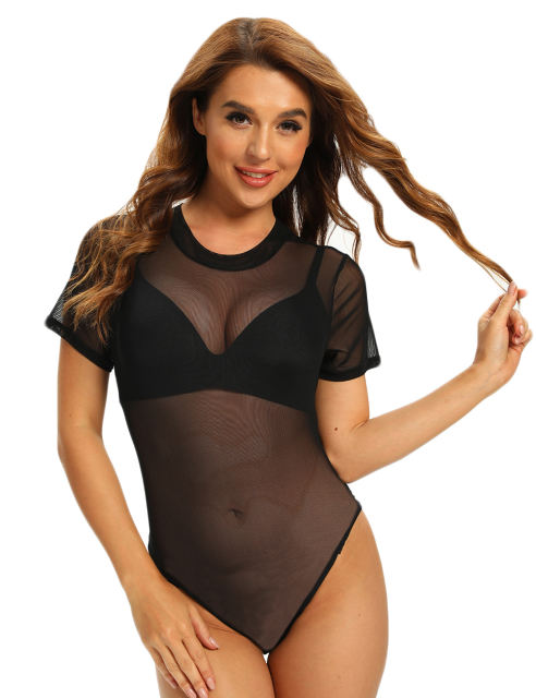 Black Short Sleeve Sheer Mesh Bodysuit TQF00004-2
