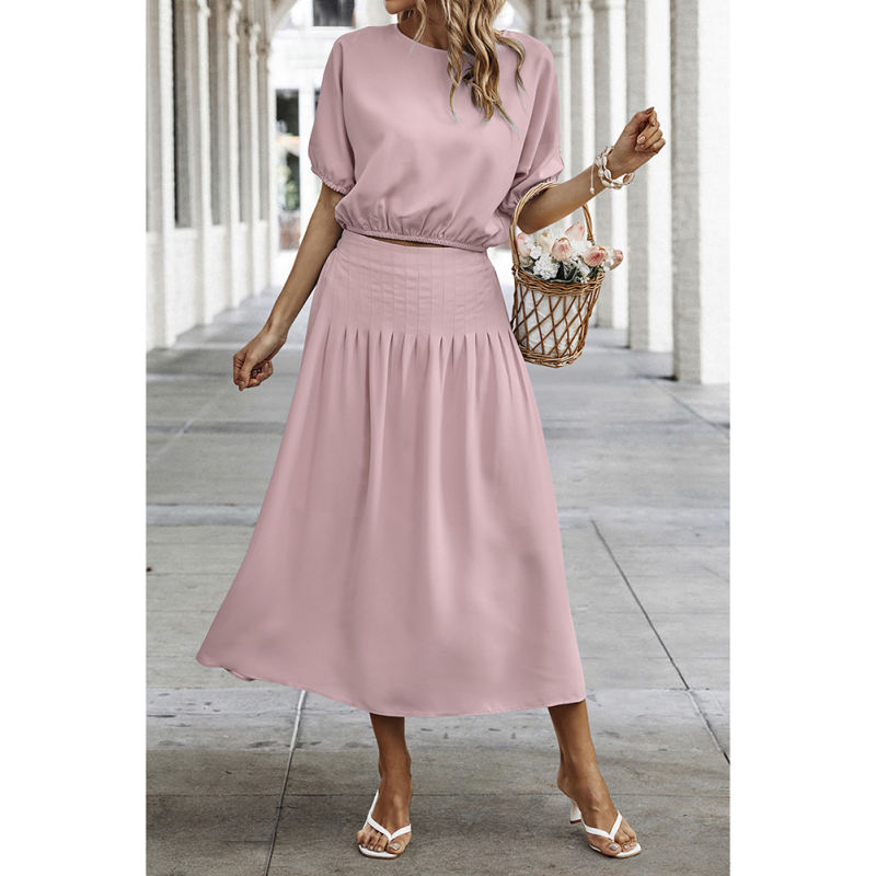 Pink Pleated Crop Top with Skirt Set TQX711094-10
