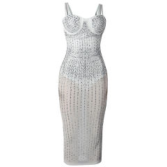 White Mesh Rhinestone Plus Size Sling Dress TQK310775-1