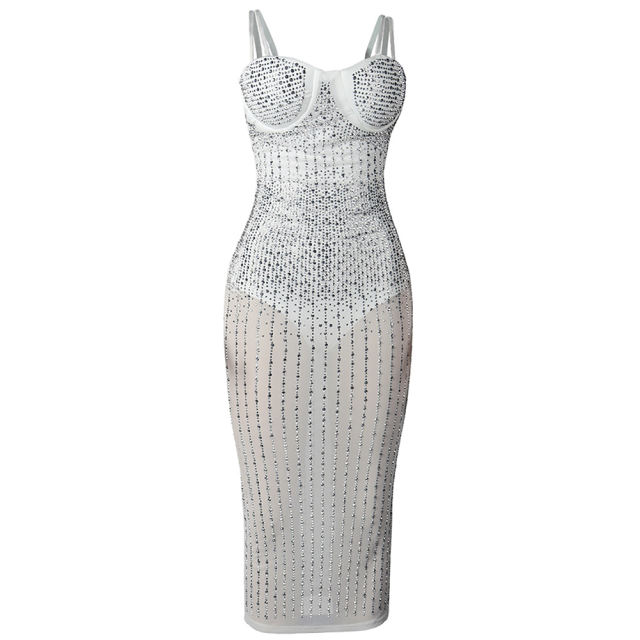 White Mesh Rhinestone Plus Size Sling Dress TQK310775-1