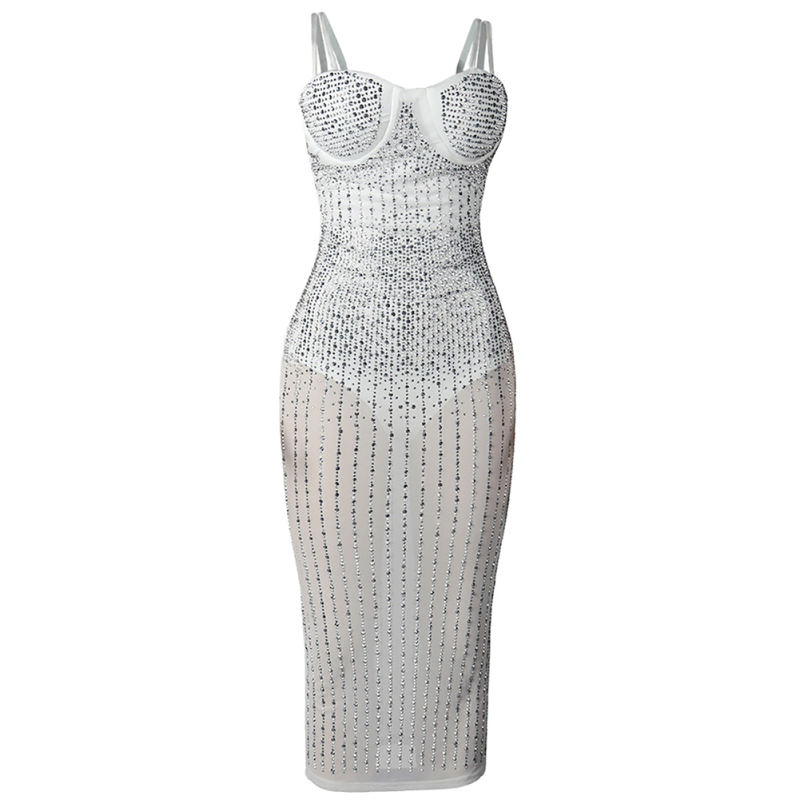 White Mesh Rhinestone Plus Size Sling Dress TQK310775-1