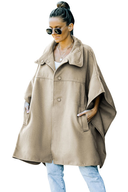 Khaki Snap Button Turn-down Collar Cape Coat LC859002-16