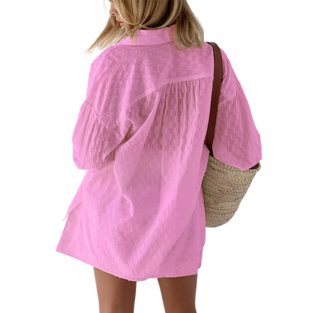 Pink Hollow-out Jacquard Long Sleeve Shirt with Shorts Set TQF711040-10