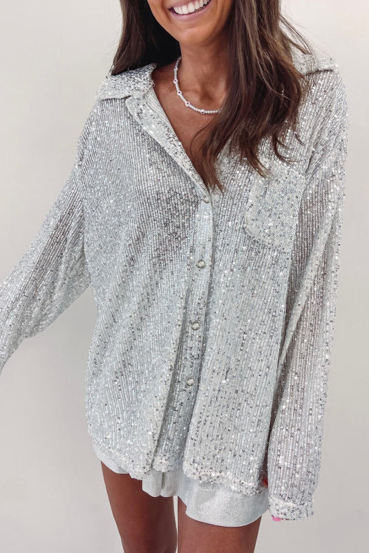 Silver Sequin Pocketed Loose Shirt LC2552723-13