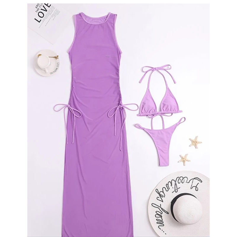Light Purple 3pcs Mesh Sleeveless Beach Cover and Bikini Set TQK610249-38