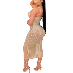 Apricot Mesh Rhinestone Plus Size Sling Dress TQK310775-18