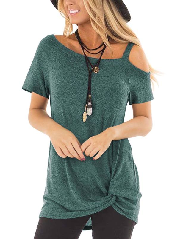 Green Cold Shoulder Knot Twist Front Short Sleeve Tunic Tops