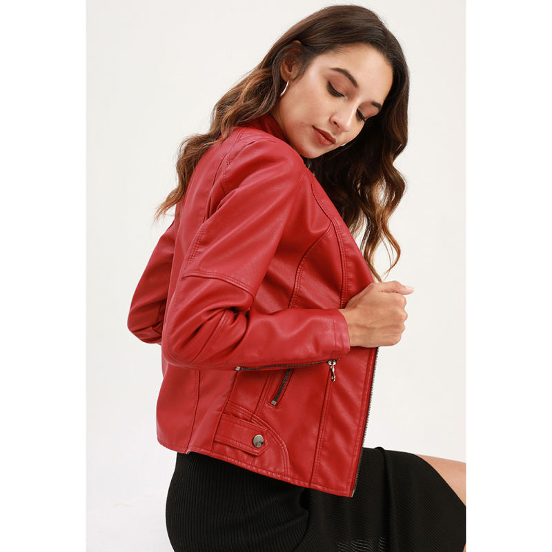 Red Slim Fit Stand Collar PU Motorcycle Jacket TQK280091-3