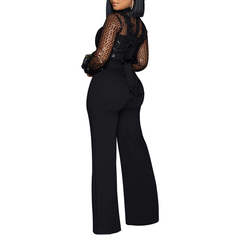 Black Back Lace-up Long Sleeve Sequin Jumpsuit TQK550346-2
