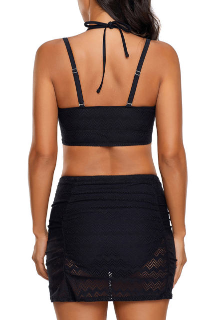 Black Lace Overlay Cropped Bikini 2pcs Swimsuit