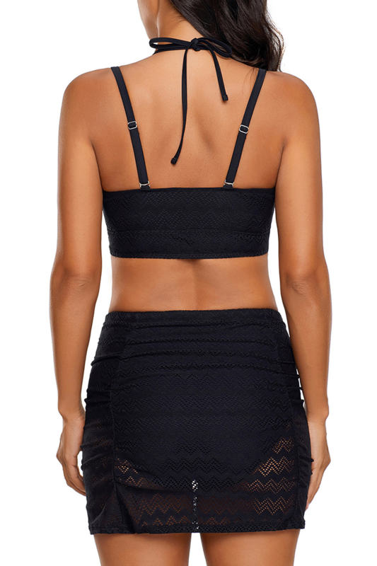 Black Lace Overlay Cropped Bikini 2pcs Swimsuit