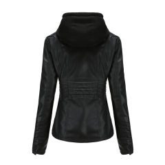 Black Removable Hooded Washed PU Leather Jacket TQK280096-2