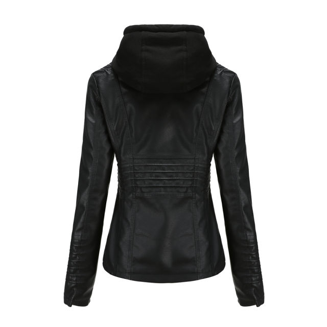 Black Removable Hooded Washed PU Leather Jacket TQK280096-2