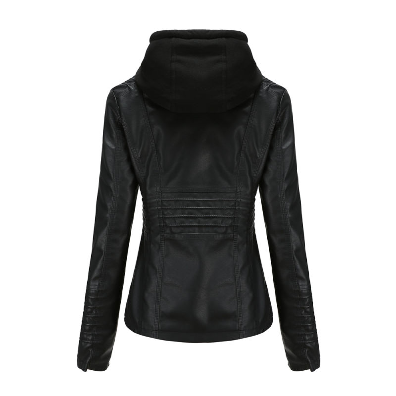 Black Removable Hooded Washed PU Leather Jacket TQK280096-2
