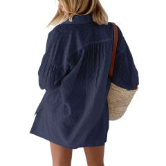 Navy Blue Hollow-out Jacquard Long Sleeve Shirt with Shorts Set TQF711040-34