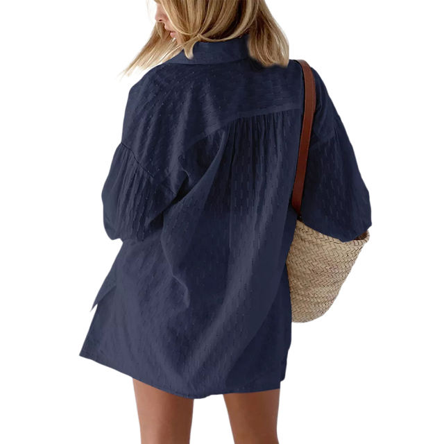 Navy Blue Hollow-out Jacquard Long Sleeve Shirt with Shorts Set TQF711040-34