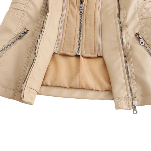 Apricot Removable Hooded Washed PU Leather Jacket TQK280096-18