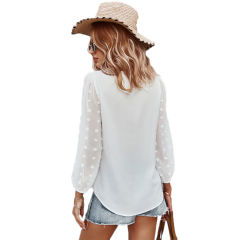 White V Neck Chiffon Long Sleeve Blouse TQK210640-1