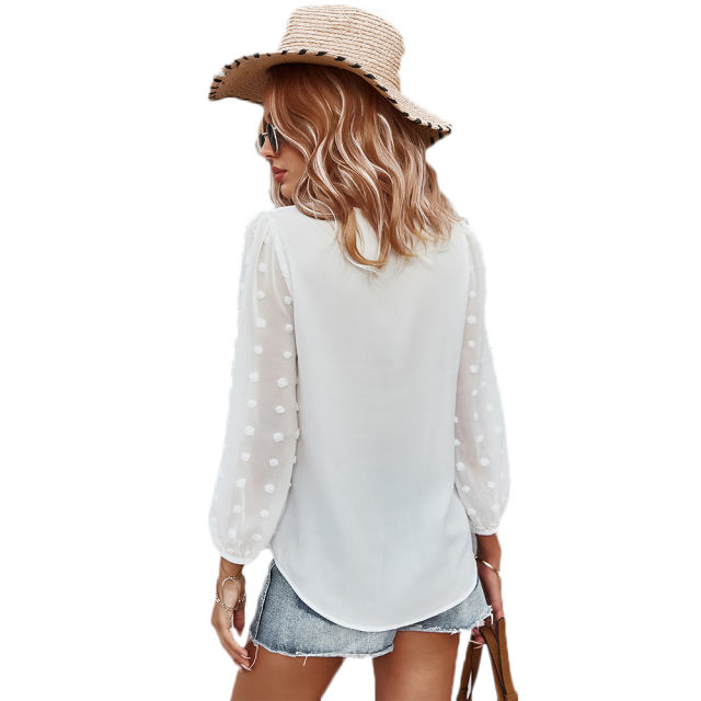 White V Neck Chiffon Long Sleeve Blouse TQK210640-1
