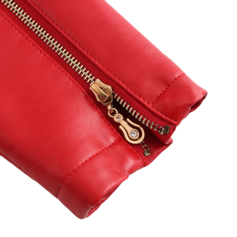 Red Stand Collar Zipper Detail PU Leather Jacket TQK280094-3