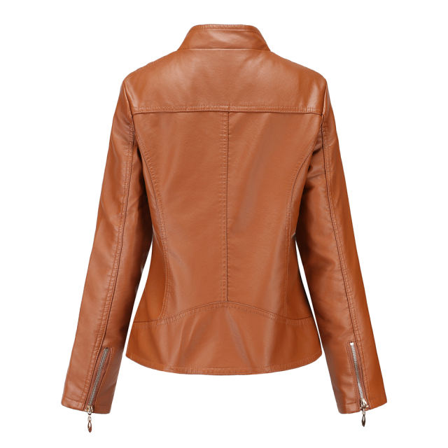 Brown Classic Style Stand Collar PU Leather Jacket TQK280092-17