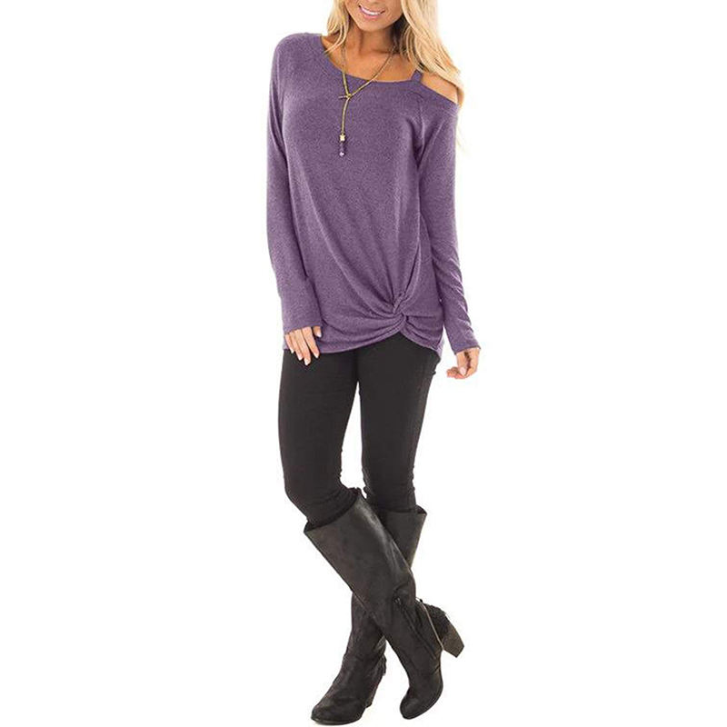 Purple Cold Shoulder Knot Twist Front Tunic Tops