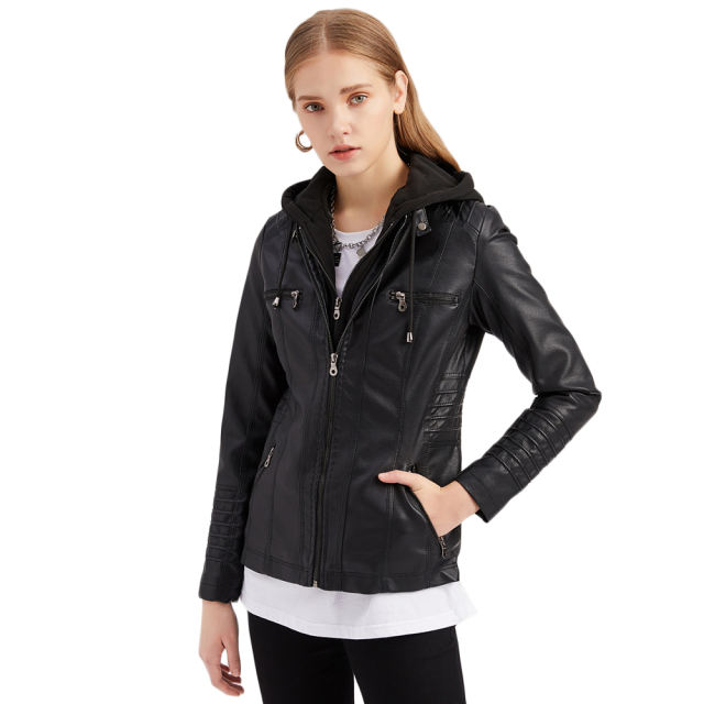 Black Removable Hooded Washed PU Leather Jacket TQK280096-2