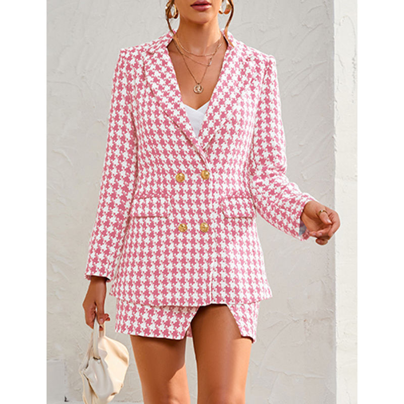 Pink Plaid Print Blazer and Button Split Skirt Set TQF711046-10