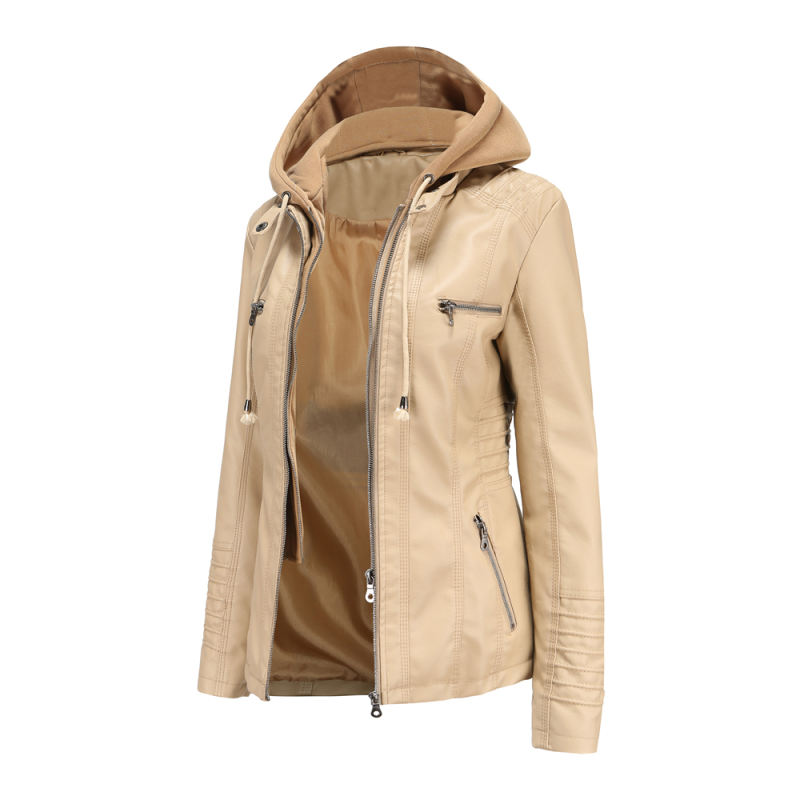Apricot Removable Hooded Washed PU Leather Jacket TQK280096-18