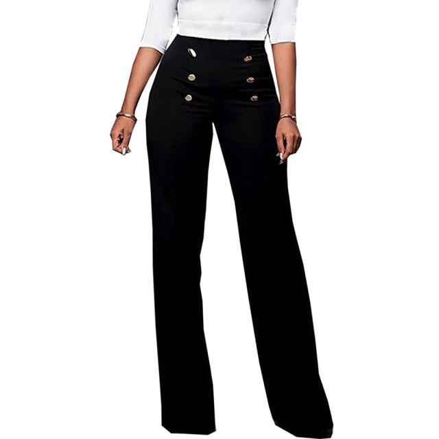 Black Button Detail Casual Flare Pants TQV510097-2
