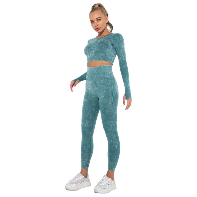 Dark Green Nylon Seamless Long Sleeve Pant Yoga Set TQE91361-36