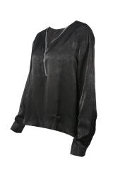 Black Front Zip V Collar Long Sleeve Plus Size Tops
