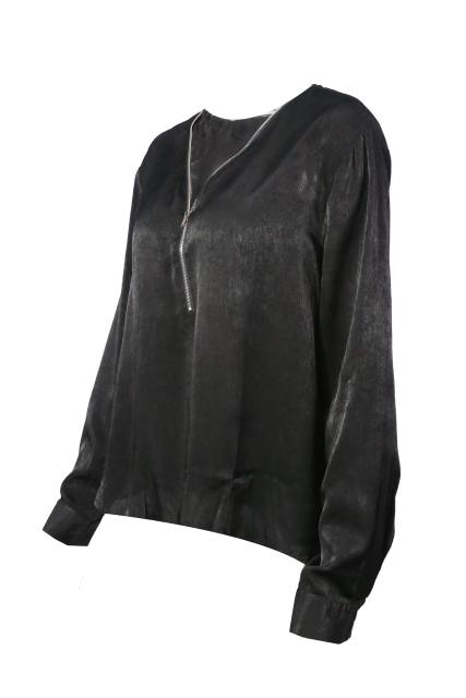 Black Front Zip V Collar Long Sleeve Plus Size Tops