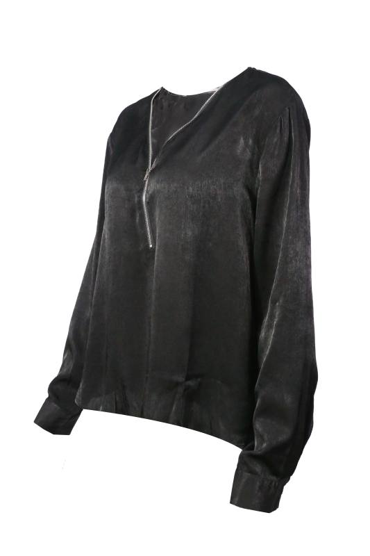 Black Front Zip V Collar Long Sleeve Plus Size Tops