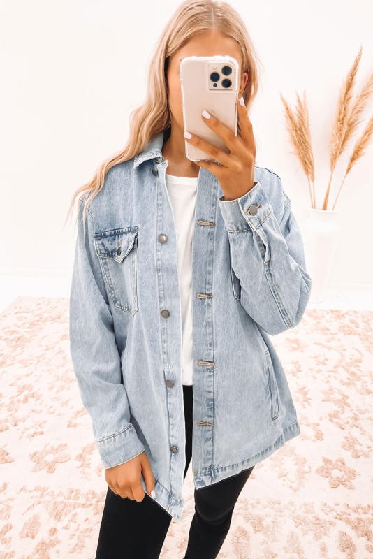 Sky Blue Acid Wash Flap Pocket Boyfriend Shacket  LC788148-4