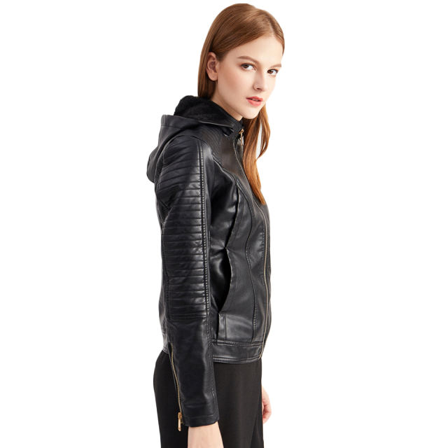 Black Fleece Lined Plus Size PU Leather Jacket TQK280097-2