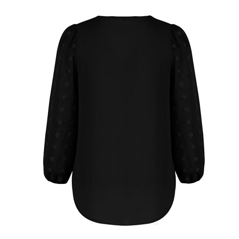 Black V Neck Chiffon Long Sleeve Blouse TQK210640-2