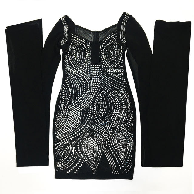 Black Mesh Rhinestone Cape Style long Sleeve Dress TQK310774-2