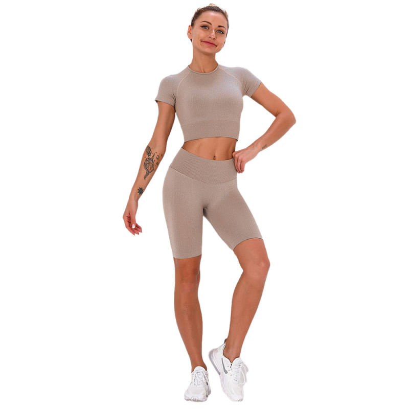 Wood Brown Seamless Short Sleeve Yoga Sports Set TQE00138-213